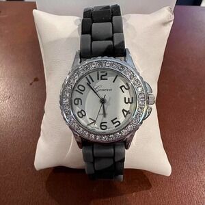 Geneva black + gray gummy rubber band rhinestone watch